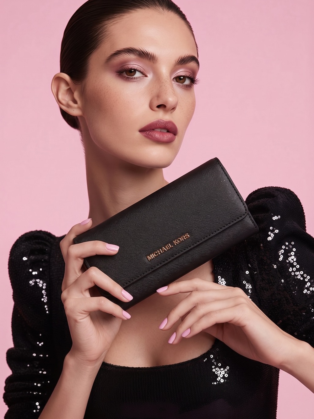 MICHAEL KORS Black Leather Continental Wallet with Gold Logo